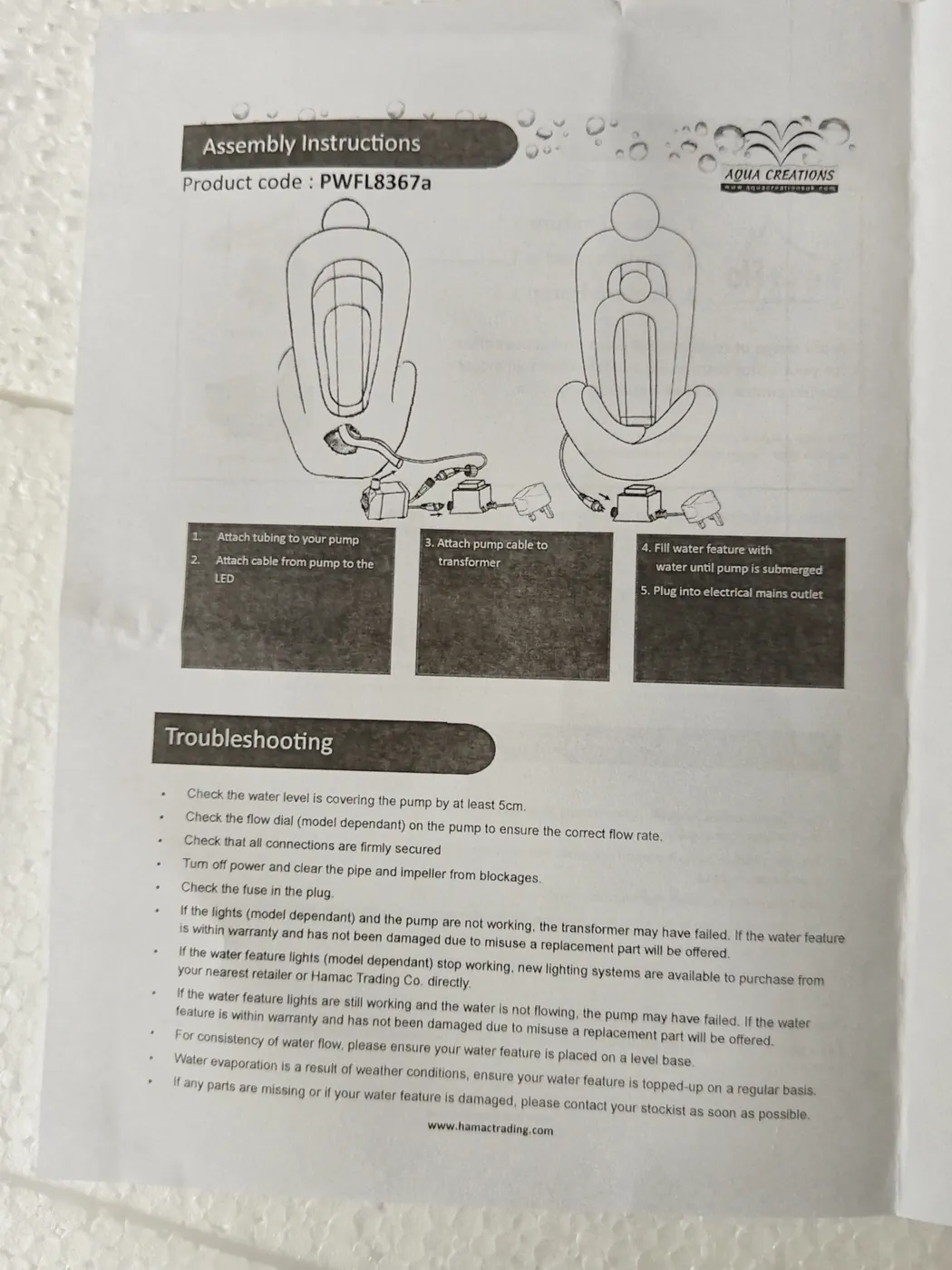 Assembly instructions supplied with PWFL8367 fountain