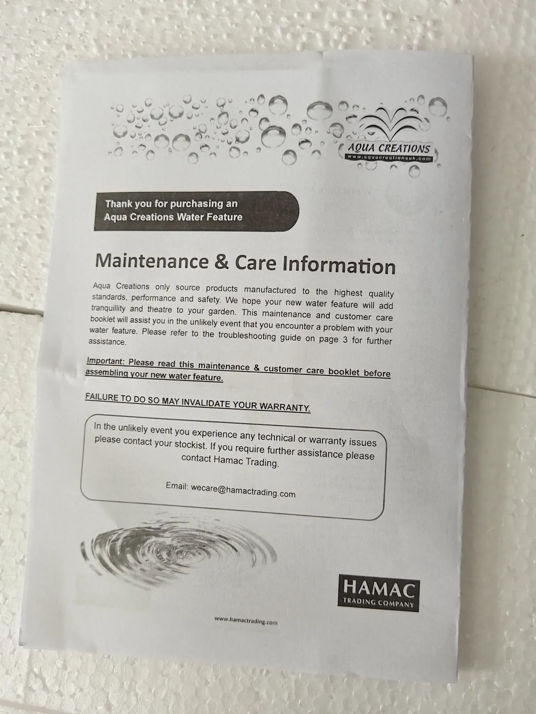 Customer-branded maintenance and care booklet checked with the PWFL8367 fountain