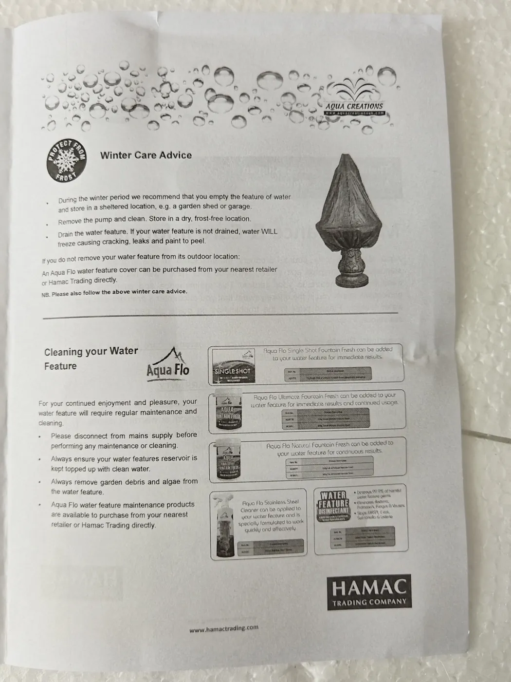 Care and maintenance instructions supplied with PWFL8367 fountain